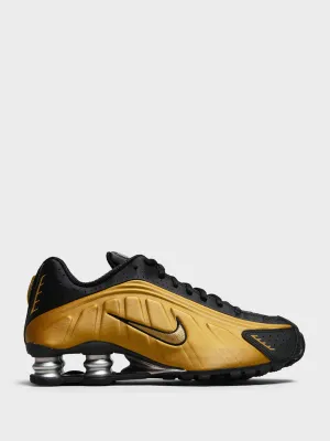 Shox R4 Sneakers in Black and Metallic Gold