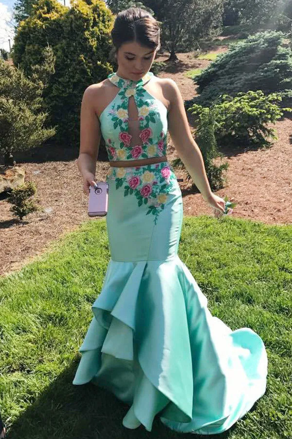 Two Piece Jewel Sweep Train Blue Satin Open Back Prom Dress with Appliques Ruffles LR75