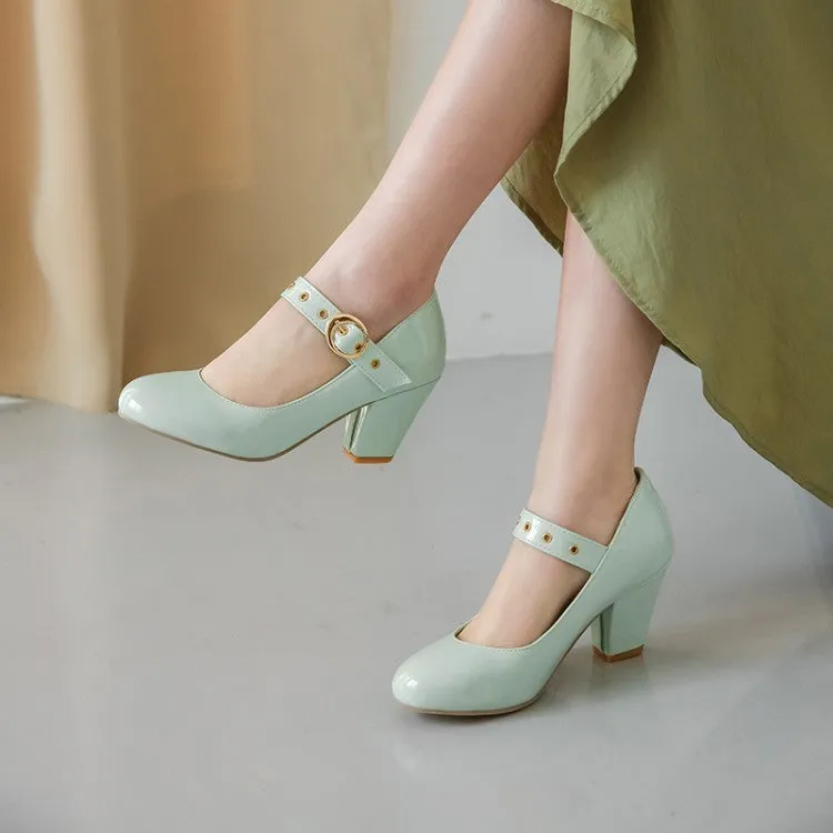 Women's Shoes Fashion Mary Jane High Heels Thick Heel Light Mouth One-word Buckle