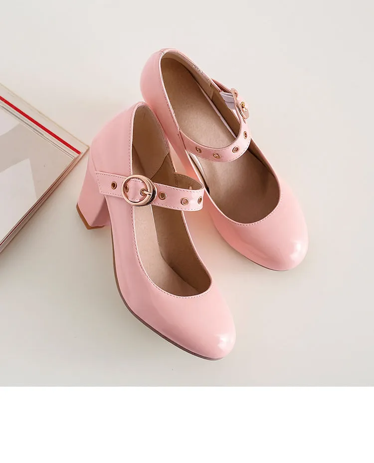 Women's Shoes Fashion Mary Jane High Heels Thick Heel Light Mouth One-word Buckle