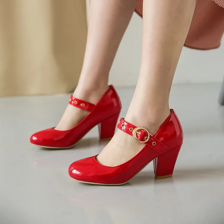 Women's Shoes Fashion Mary Jane High Heels Thick Heel Light Mouth One-word Buckle