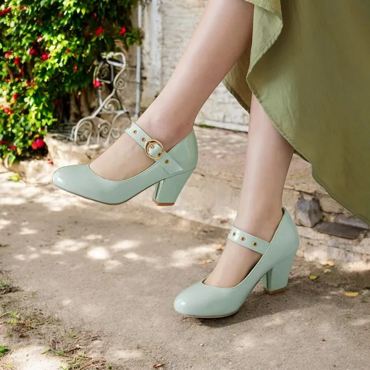 Women's Shoes Fashion Mary Jane High Heels Thick Heel Light Mouth One-word Buckle
