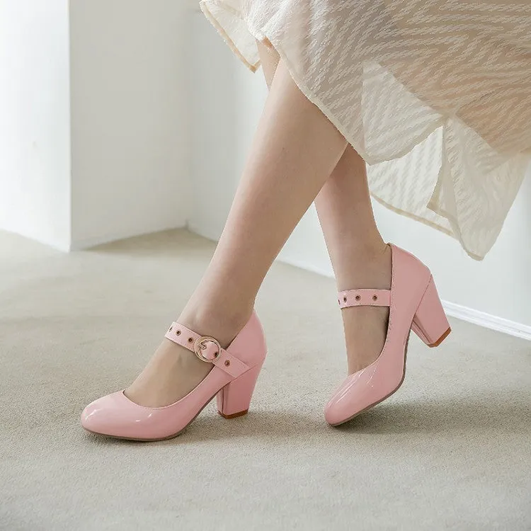 Women's Shoes Fashion Mary Jane High Heels Thick Heel Light Mouth One-word Buckle