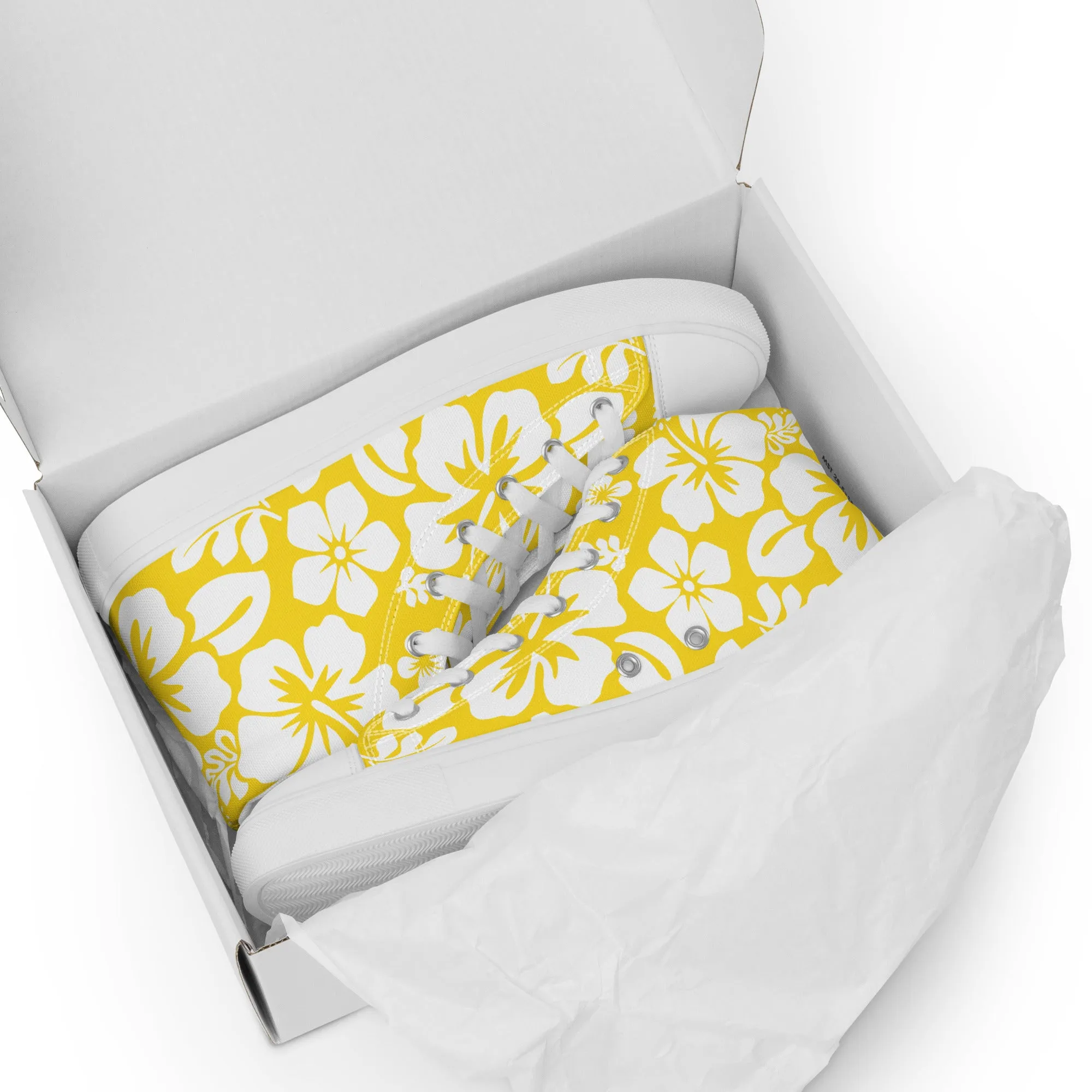 Women's Yellow and White Hawaiian Print High Top Canvas Shoes