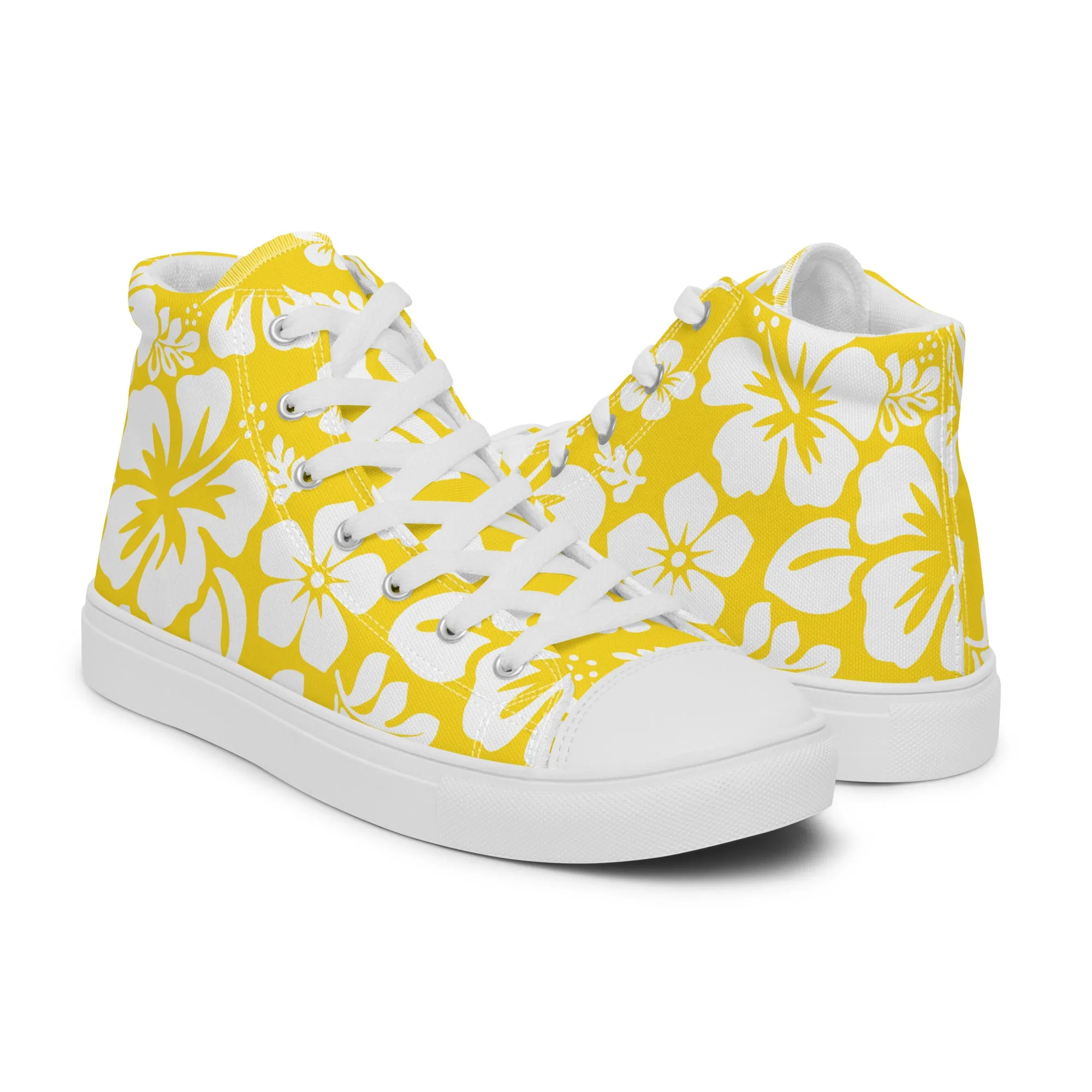 Women's Yellow and White Hawaiian Print High Top Canvas Shoes