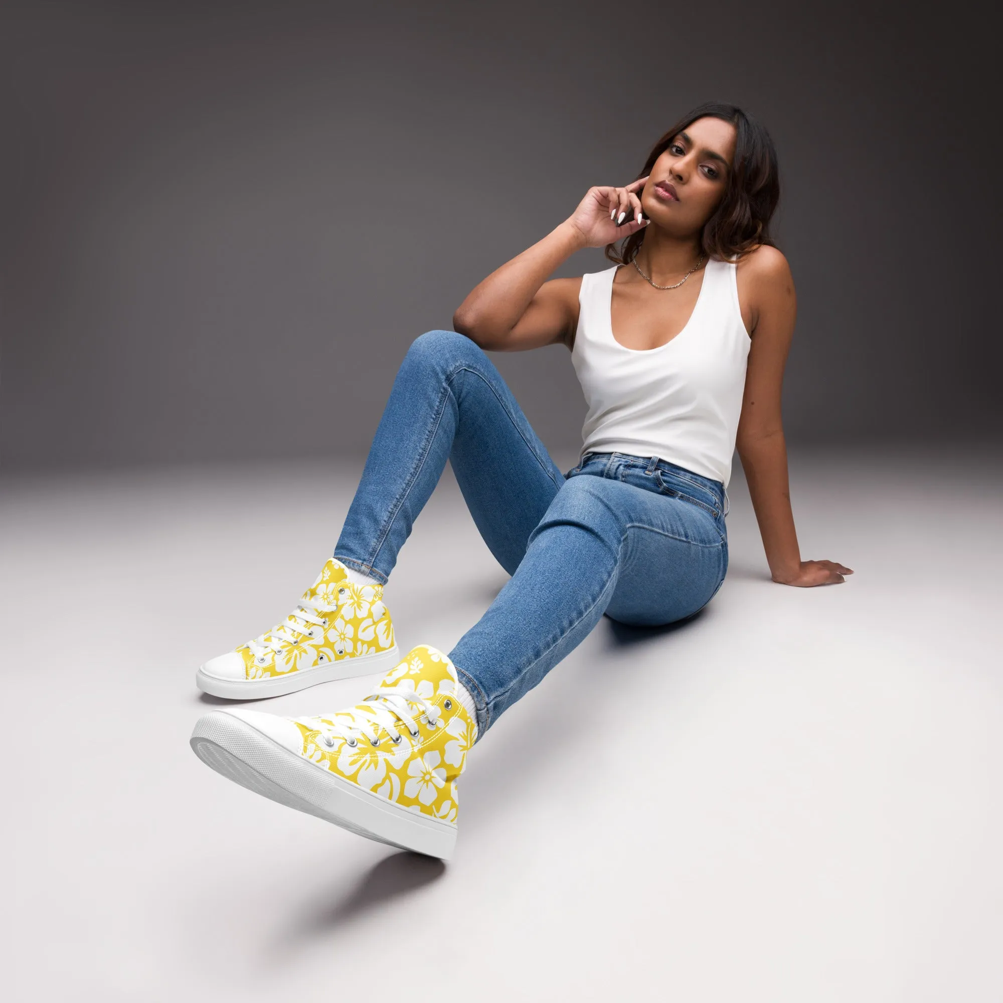 Women's Yellow and White Hawaiian Print High Top Canvas Shoes