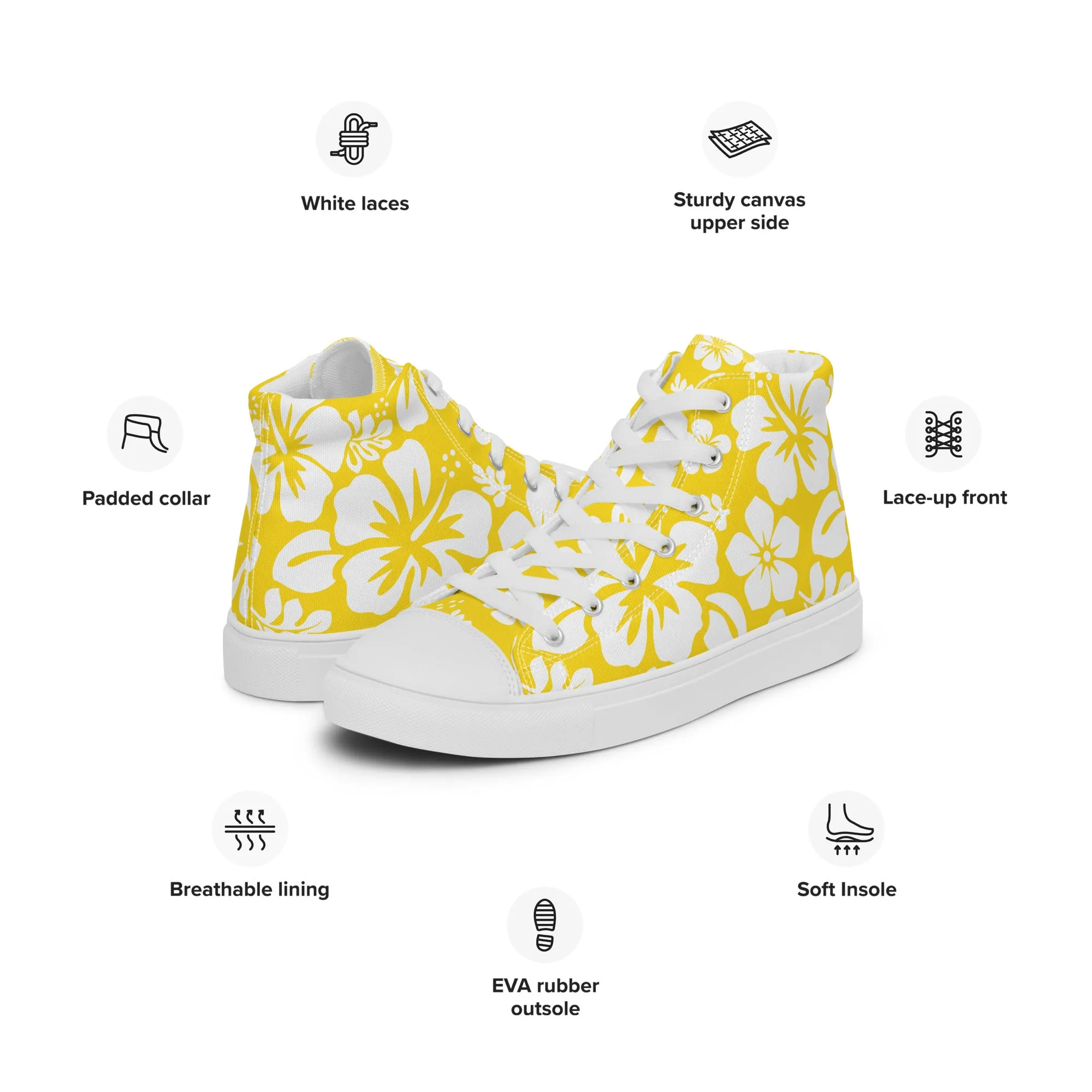 Women's Yellow and White Hawaiian Print High Top Canvas Shoes