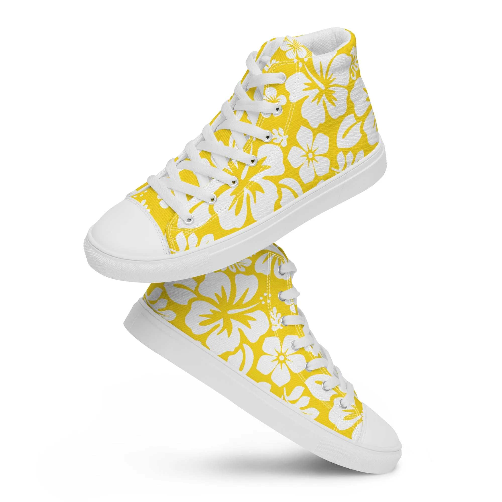 Women's Yellow and White Hawaiian Print High Top Canvas Shoes