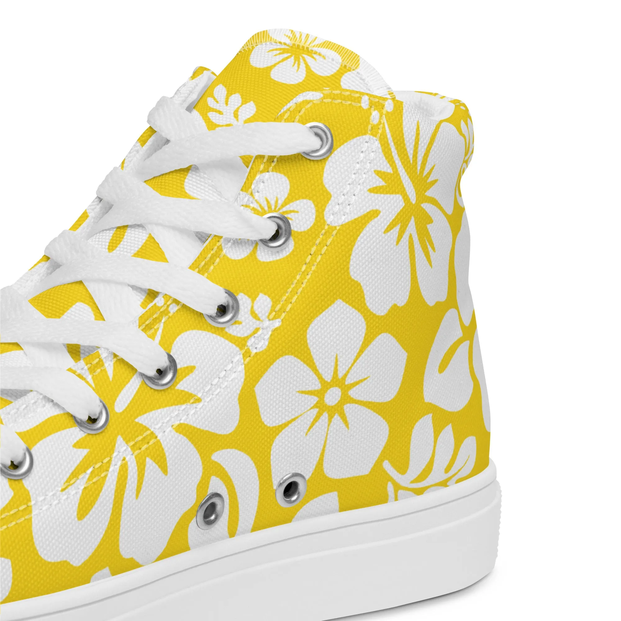 Women's Yellow and White Hawaiian Print High Top Canvas Shoes
